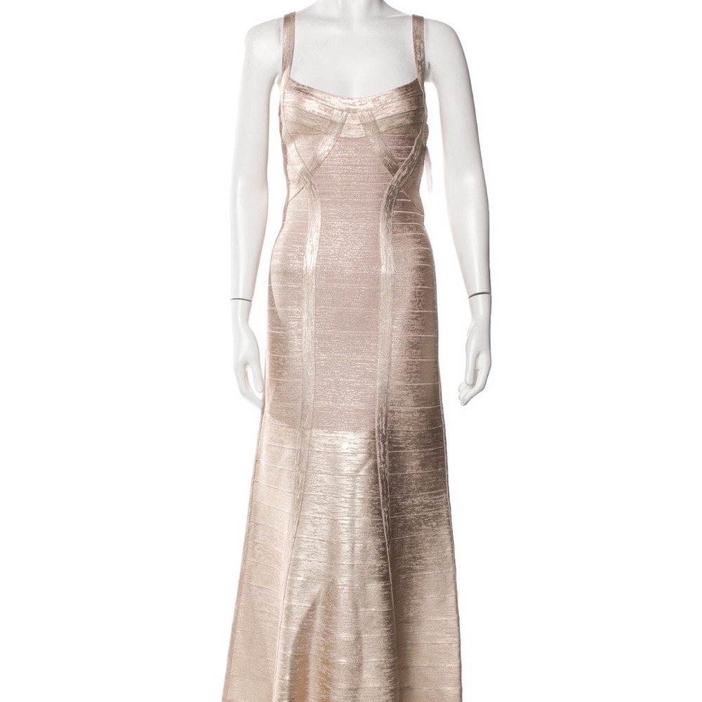 Herve Leger Metallic Gown Sz M, champagne/gold/nude